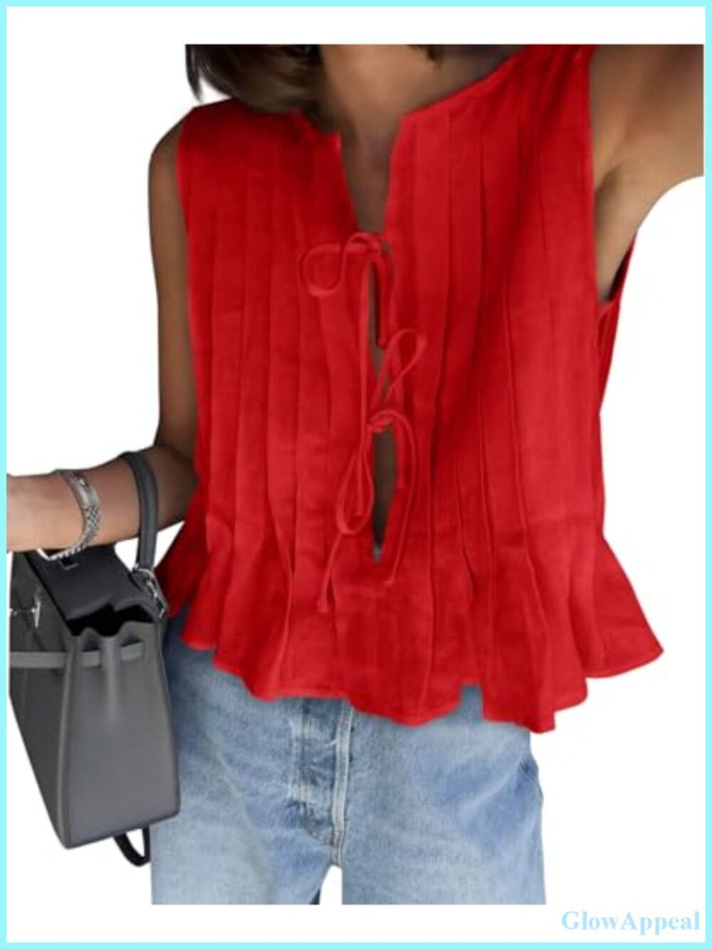 Womens Bow Front Tie Tank Top Pleated Babydoll Sleeveless
